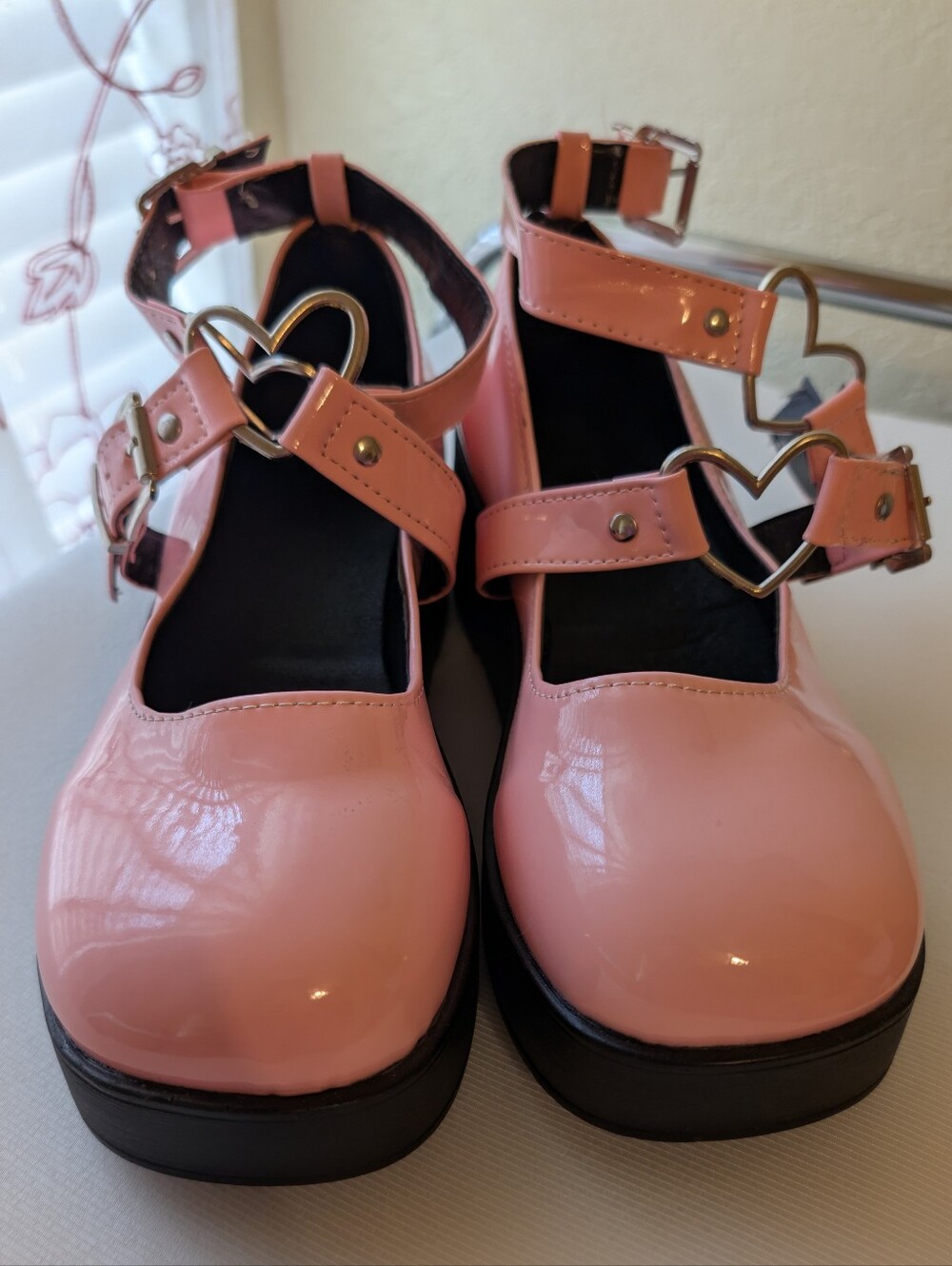 Women's Pink Patent Heart-Strap Mary Janes